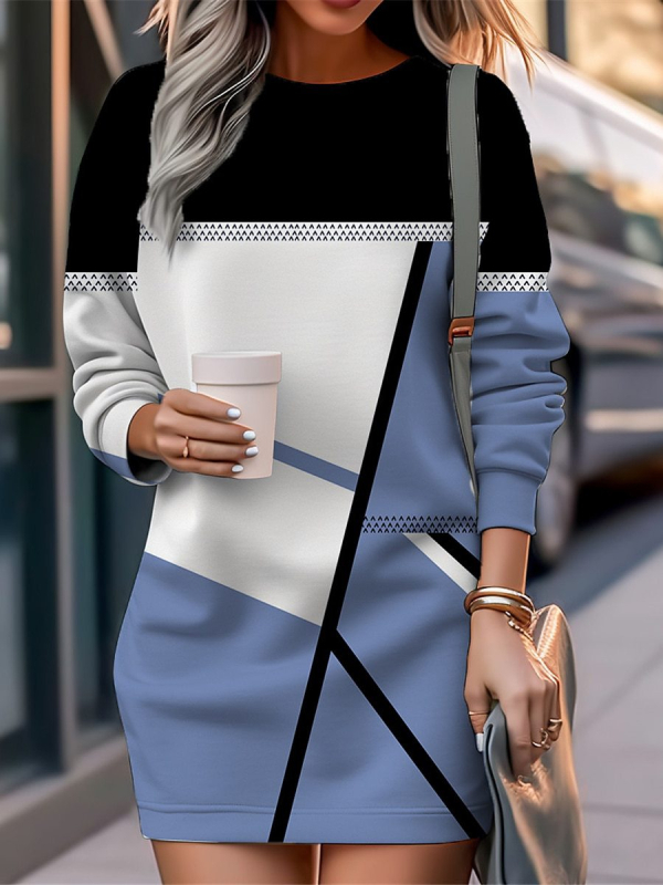 Ženska midi haljina A-linije, okrugli izrez, dugi rukav, Milk Silk materijal, 3D print uzorak