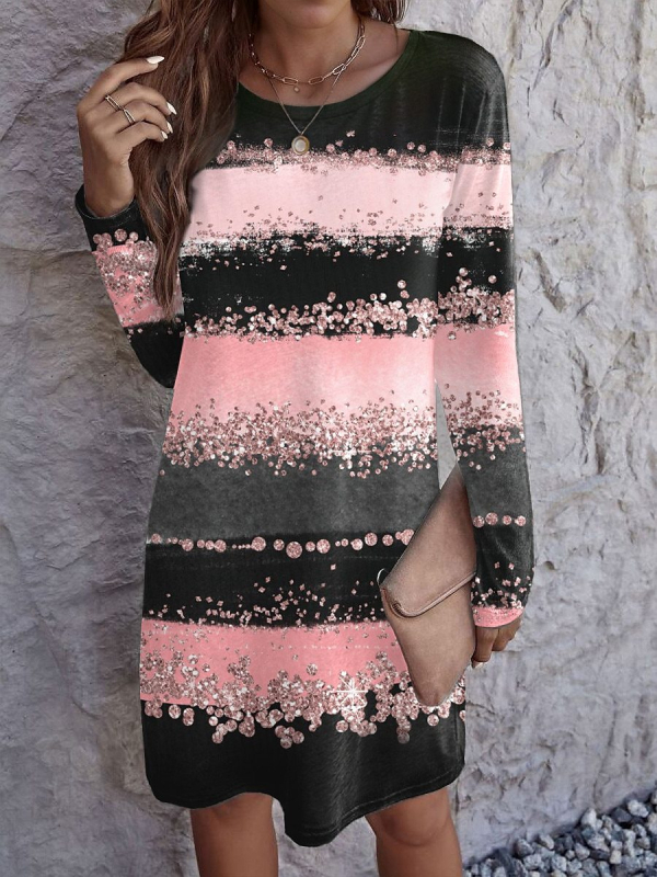 Ženska midi haljina A-linije, okrugli izrez, dugi rukav, Milk Silk materijal, 3D print uzorak