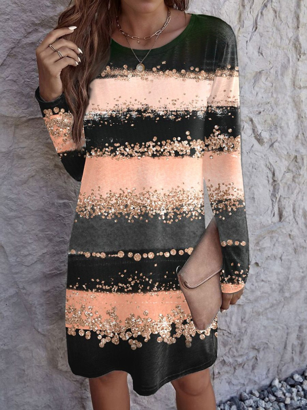 Ženska midi haljina A-linije, okrugli izrez, dugi rukav, Milk Silk materijal, 3D print uzorak