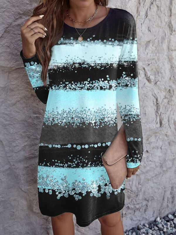 Ženska midi haljina A-linije, okrugli izrez, dugi rukav, Milk Silk materijal, 3D print uzorak