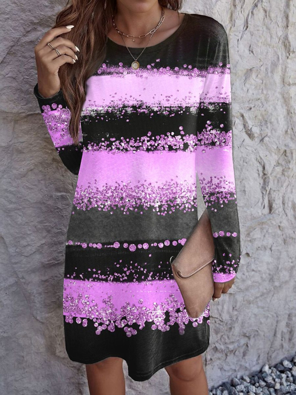 Ženska midi haljina A-linije, okrugli izrez, dugi rukav, Milk Silk materijal, 3D print uzorak