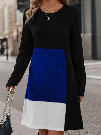 Φόρεμα midi από πολυεστέρα με μακριά μανίκια και λαιμόκοψη σε στρογγυλό σχήμα, σε χρωματικό μπλοκ, Α-line, εκτύπωση