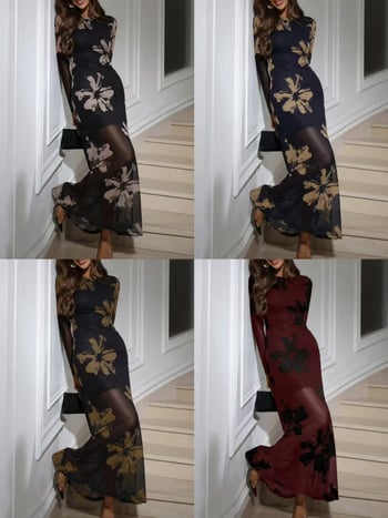 Rochie lungă cu imprimeu floral pentru primăvara 2025, talie înaltă, guler rotund, mâneci lungi, poliester 95%+