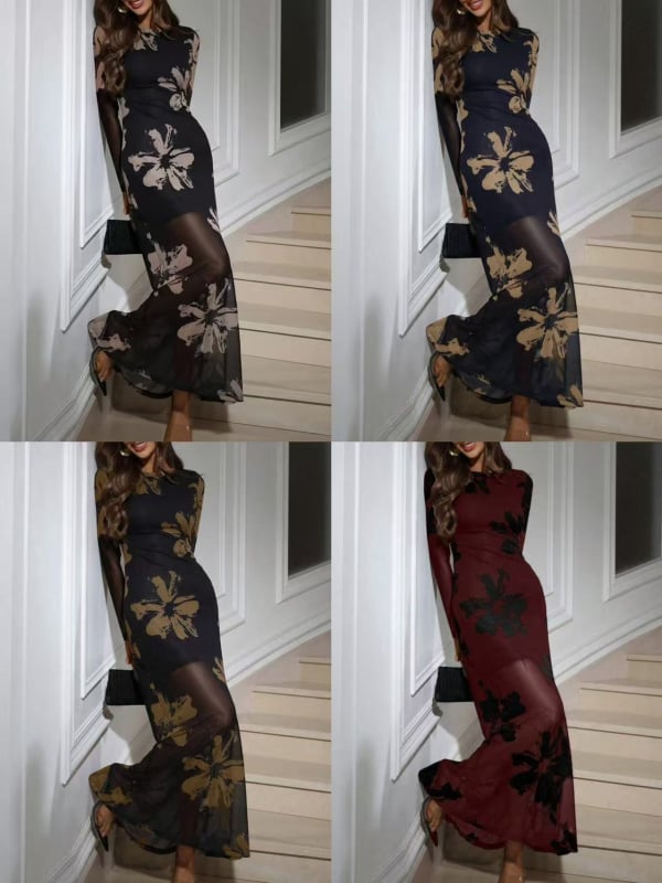 Rochie lungă cu imprimeu floral pentru primăvara 2025, talie înaltă, guler rotund, mâneci lungi, poliester 95%+