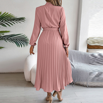 Γυναικείο φόρεμα από πολυεστέρα με ψηλή μέση, ψηλό γιακά, μακριά μανίκια и πλισέ μακριά φούστα