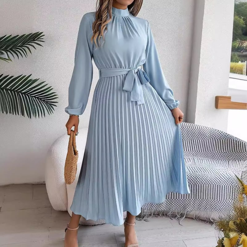 Rochie damă din poliester cu talie înaltă, guler înalt, mâneci lungi și fustă plisată lungă