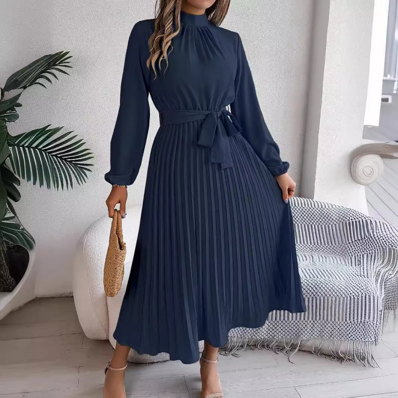 Rochie damă din poliester cu talie înaltă, guler înalt, mâneci lungi și fustă plisată lungă