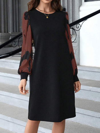 Γυναικείο midi φόρεμα με εκτυπωμένο σχέδιο, μακριά μανίκια, στρογγυλή λαιμόκοψη, πολυεστέρας, casual ιαπωνο-κορεατικό στυλ, φθινόπωρο 2024