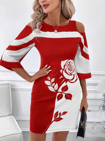 Κομψό φόρεμα σε γραμμή Α, μίντι μήκος, στρογγυλός λαιμός, μανίκια 3/4