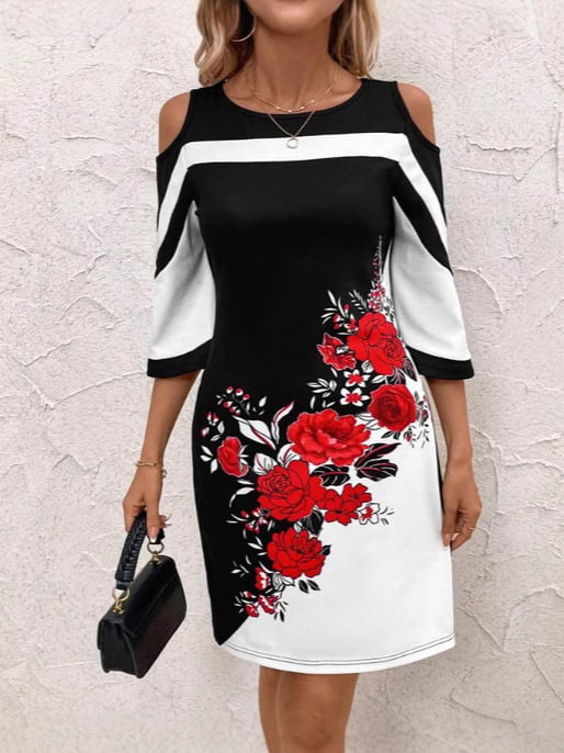 Rochie elegantă în linie A, lungime midi, decolteu rotund, mâneci 3/4