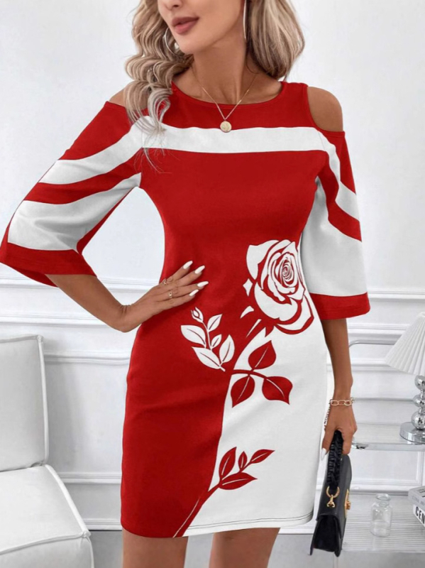 Rochie elegantă în linie A, lungime midi, decolteu rotund, mâneci 3/4