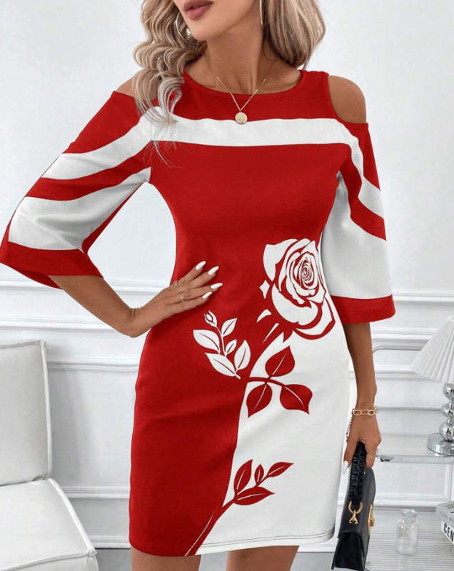 Rochie elegantă în linie A, lungime midi, decolteu rotund, mâneci 3/4
