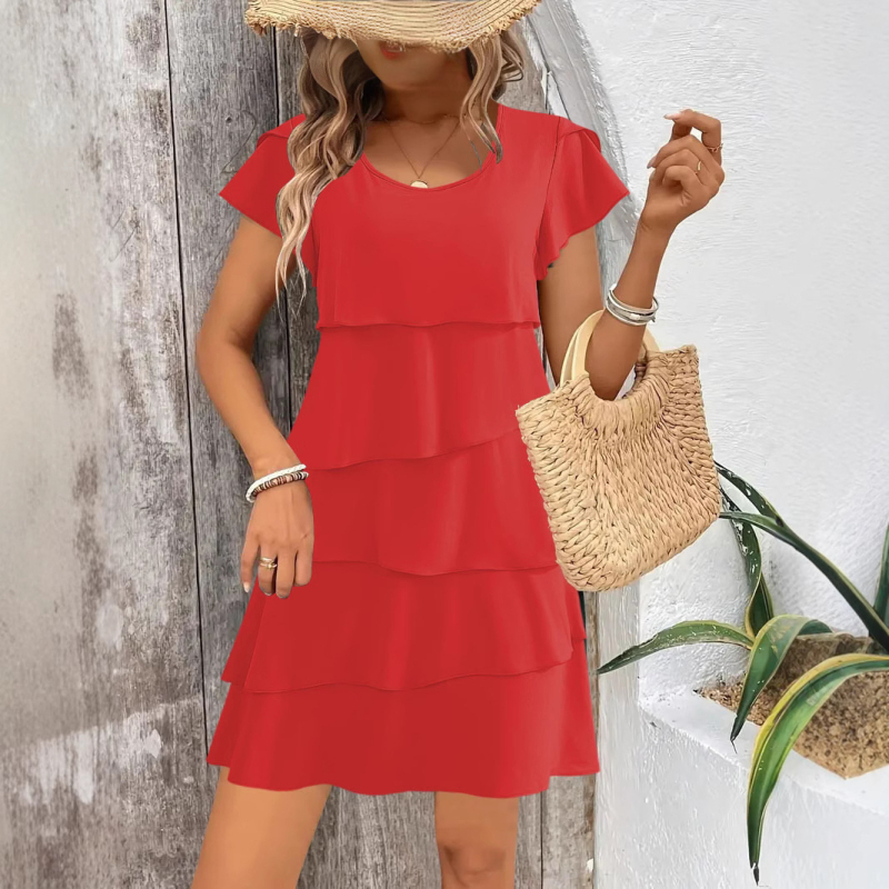 Rochie din Milk Silk, siluetă cake skirt, guler rotund, mâneci Feifei, talie lejeră