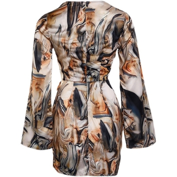 Φόρεμα με μακρύ μανίκι και V-λαιμό, σατέν ύφασμα, αφηρημένο μοτίβο, ακανόνιστη φούστα