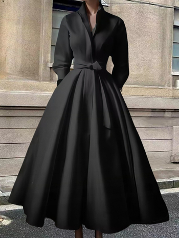 Κομψό φόρεμα με γιακά-στάση και τιράντες, μακριά μανίκια, ελαστική μέση, Α-γραμμή