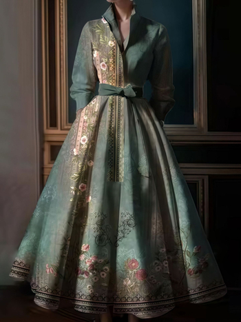 Κομψό φόρεμα με γιακά-στάση και τιράντες, μακριά μανίκια, ελαστική μέση, Α-γραμμή