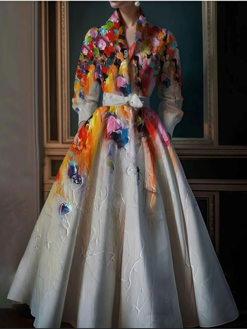 Κομψό φόρεμα με γιακά-στάση και τιράντες, μακριά μανίκια, ελαστική μέση, Α-γραμμή