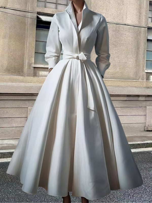 Rochie elegantă cu guler stand, bretele și mâneci lungi, talie elastică, croială A-line, iarna 2024