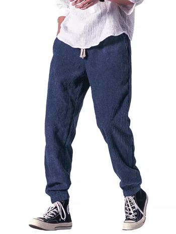 Ανδρικά παντελόνια σπορ-καθημερινά, φθινοπωρινά-χειμερινά, με υφή βάφλας, ίσια γραμμή, μεσαία ζώνη, κλείσιμο με κορδόνι