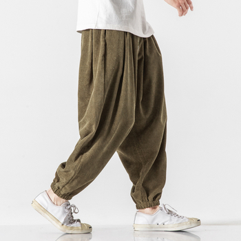 Pantaloni casual pentru bărbați, stil japonez retro, cu șnur, corduroy, cropped, talie medie, culoare solidă