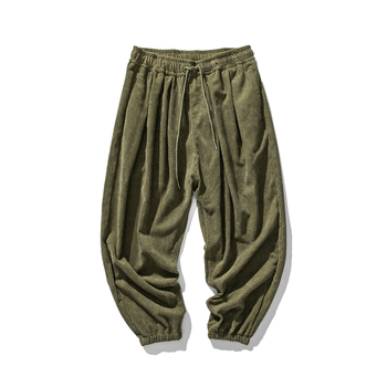 Ανδρικά casual παντελόνια σε ιαπωνικό ρετρό στυλ με κορδόνι, corduroy ύφασμα, cropped μήκος, μεσαία γραμμή μέσης, μονόχρωμα