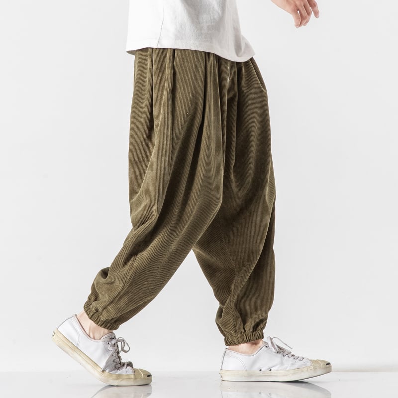 Pantaloni casual pentru bărbați, stil japonez retro, cu șnur, corduroy, cropped, talie medie, culoare solidă