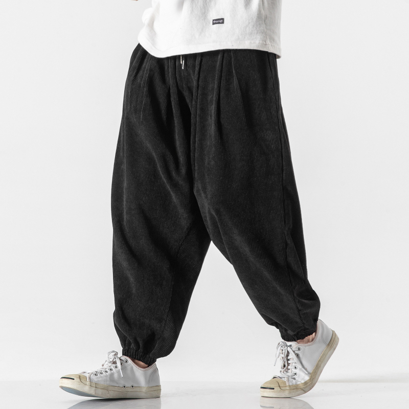 Pantaloni casual pentru bărbați, stil japonez retro, cu șnur, corduroy, cropped, talie medie, culoare solidă
