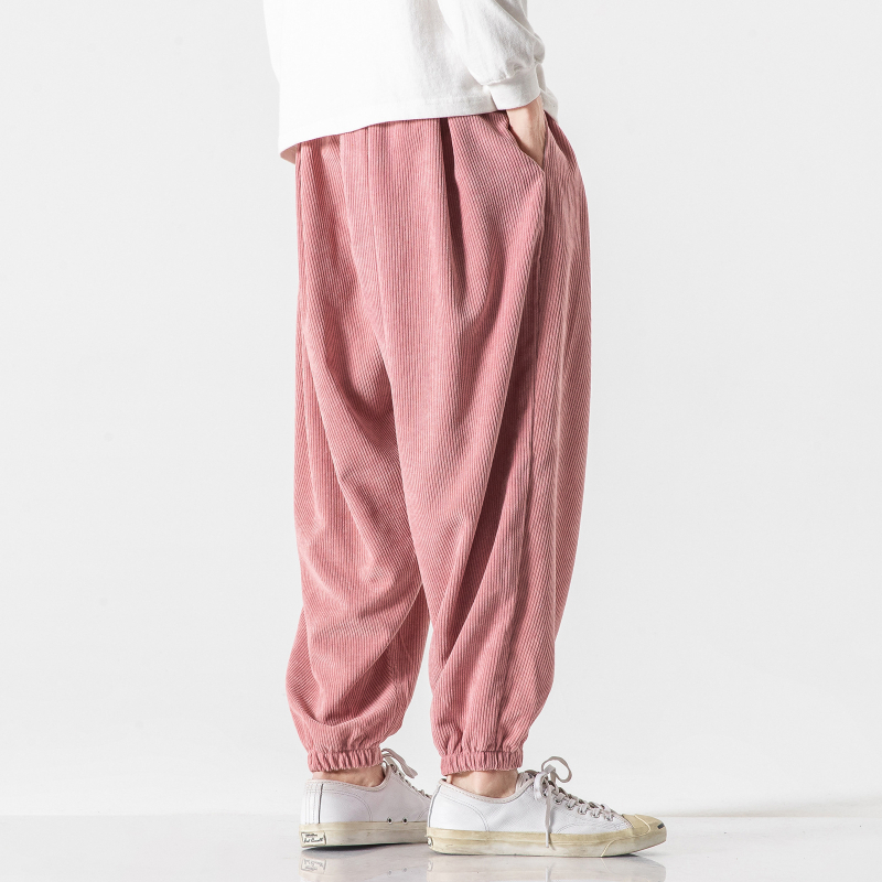 Pantaloni casual pentru bărbați, stil japonez retro, cu șnur, corduroy, cropped, talie medie, culoare solidă