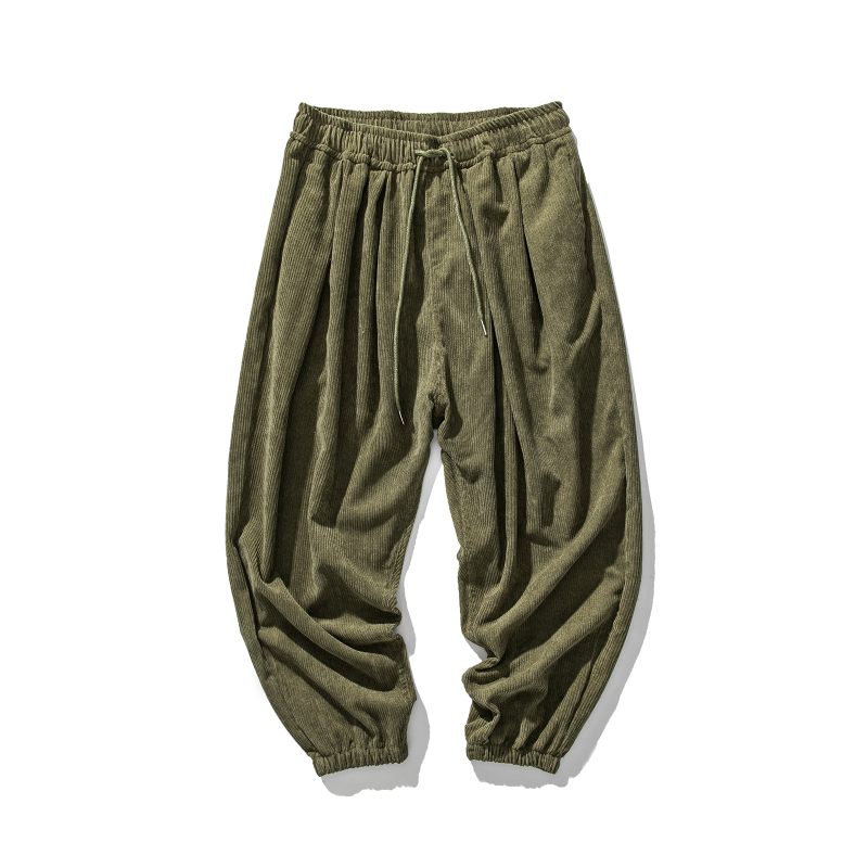 Pantaloni casual pentru bărbați, stil japonez retro, cu șnur, corduroy, cropped, talie medie, culoare solidă