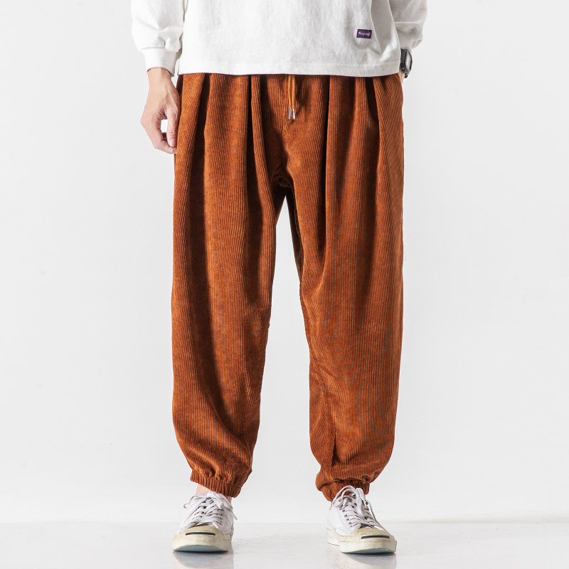 Pantaloni casual pentru bărbați, stil japonez retro, cu șnur, corduroy, cropped, talie medie, culoare solidă