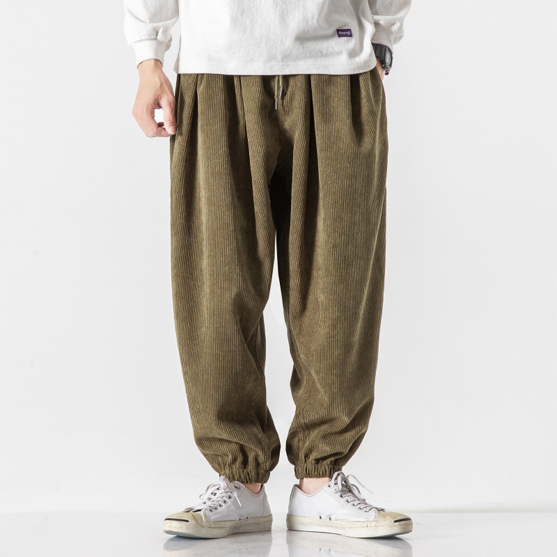 Pantaloni casual pentru bărbați, stil japonez retro, cu șnur, corduroy, cropped, talie medie, culoare solidă