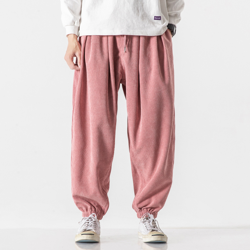 Pantaloni casual pentru bărbați, stil japonez retro, cu șnur, corduroy, cropped, talie medie, culoare solidă