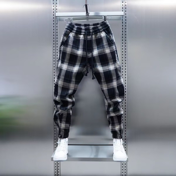 Ανδρικά παντελόνια σε κορεατικό στυλ, tapered εφαρμοστό κόψιμο, μήκος 9/10, μέση μεσαίου ύψους, στενή γραμμή, ύφασμα πολυεστέρα 80%