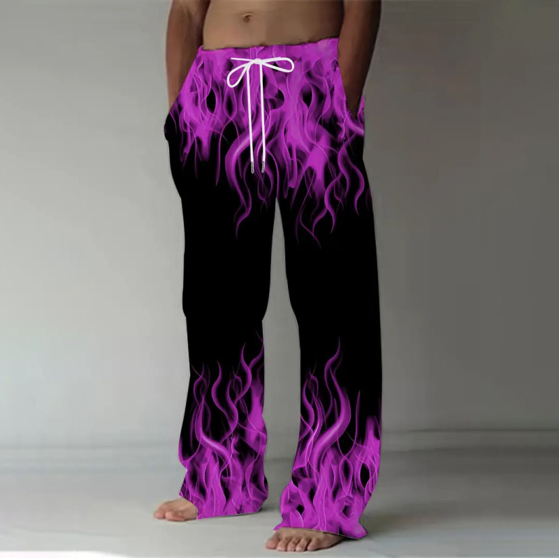 Pantaloni casual pentru bărbați cu imprimeu de flăcări, croială dreaptă, talie cu șnur – hip-hop streetwear, patru sezoane, material poliester imitatie bumbac