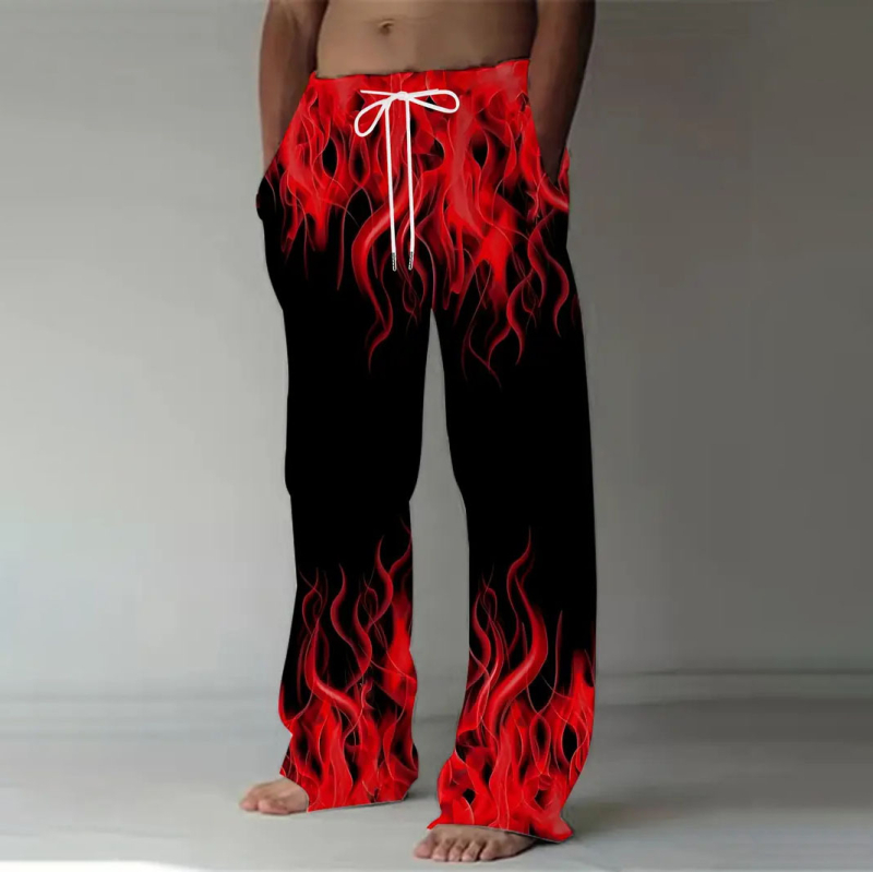 Pantaloni casual pentru bărbați cu imprimeu de flăcări, croială dreaptă, talie cu șnur – hip-hop streetwear, patru sezoane, material poliester imitatie bumbac