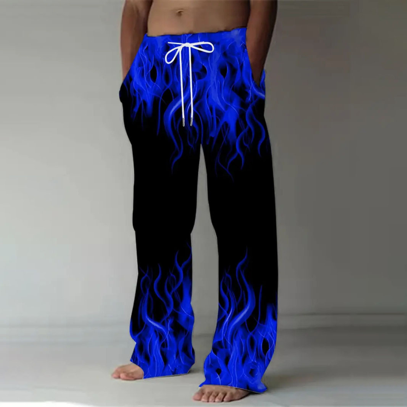 Pantaloni casual pentru bărbați cu imprimeu de flăcări, croială dreaptă, talie cu șnur – hip-hop streetwear, patru sezoane, material poliester imitatie bumbac