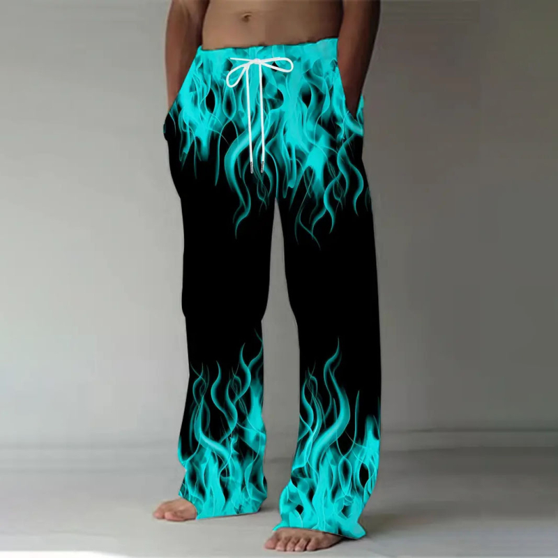 Pantaloni casual pentru bărbați cu imprimeu de flăcări, croială dreaptă, talie cu șnur – hip-hop streetwear, patru sezoane, material poliester imitatie bumbac