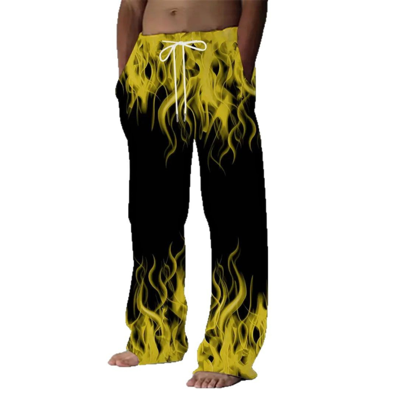 Pantaloni casual pentru bărbați cu imprimeu de flăcări, croială dreaptă, talie cu șnur – hip-hop streetwear, patru sezoane, material poliester imitatie bumbac