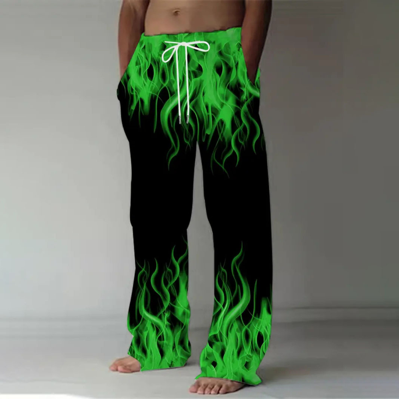 Pantaloni casual pentru bărbați cu imprimeu de flăcări, croială dreaptă, talie cu șnur – hip-hop streetwear, patru sezoane, material poliester imitatie bumbac