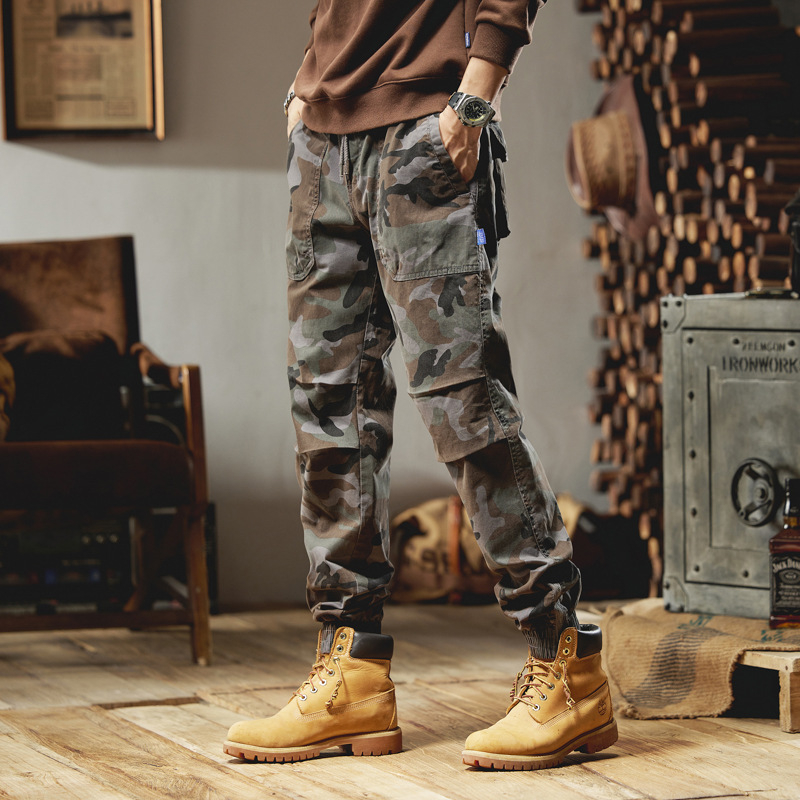 Ανδρικά παντελόνια καμουφλάζ σε ιαπωνικό σχέδιο, ίσια γραμμή, ψηλόμεσα, ελαφρύ ύφασμα, μείξη πολυεστέρα