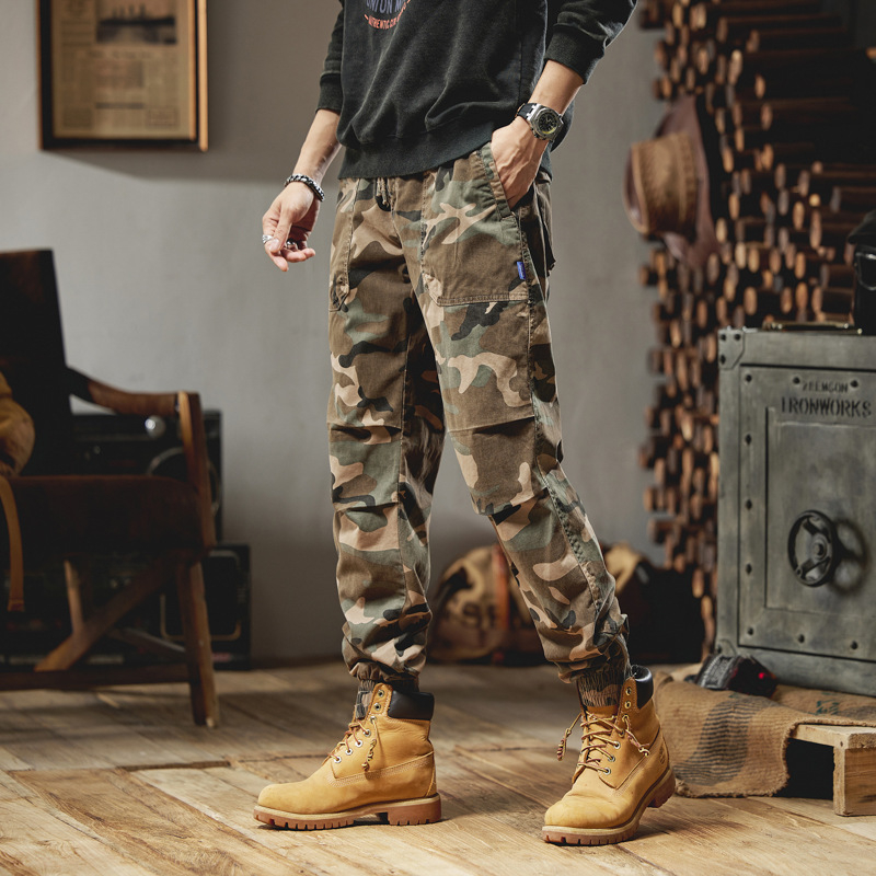 Ανδρικά παντελόνια καμουφλάζ σε ιαπωνικό σχέδιο, ίσια γραμμή, ψηλόμεσα, ελαφρύ ύφασμα, μείξη πολυεστέρα