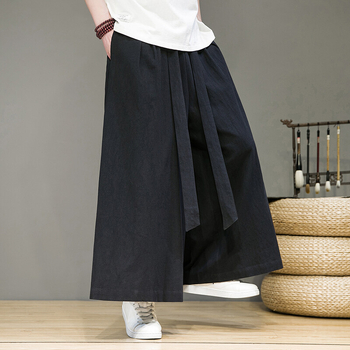 Ανδρικά παντελόνια σε κινεζικό στυλ, βαμβακο-λινή μίξη, ίσιο κόψιμο, μεσαία μέση, με ζώνη, καλοκαιρινά casual