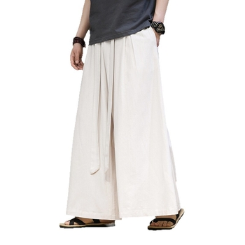 Ανδρικά παντελόνια σε κινεζικό στυλ, βαμβακο-λινή μίξη, ίσιο κόψιμο, μεσαία μέση, με ζώνη, καλοκαιρινά casual