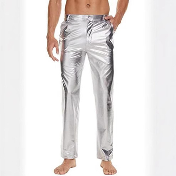 Ανδρικά μεταλλικά λαμπερά ντίσκο παντελόνια - κορεατικό στυλ, ευθεία γραμμή, κοντό μήκος, υψηλή μέση, υψηλή ελαστικότητα