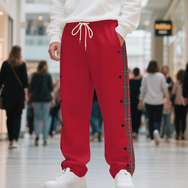 Pantaloni sport casual pentru bărbați – croială dreaptă, talie medie, amestec poliester, model cu grilă, țesătură extensibilă pentru toate anotimpurile.