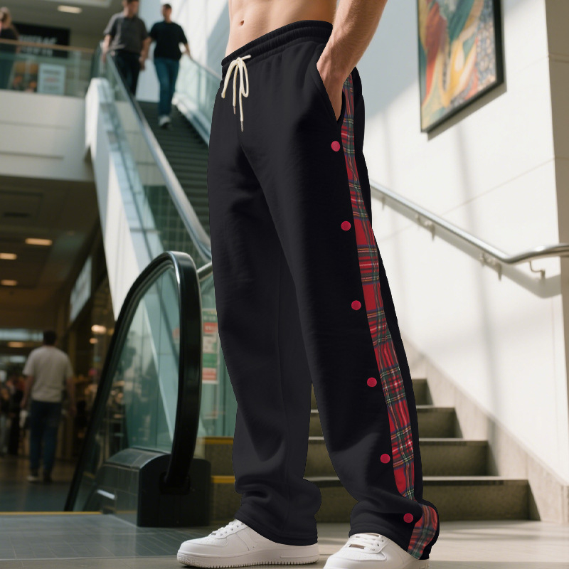 Pantaloni sport casual pentru bărbați – croială dreaptă, talie medie, amestec poliester, model cu grilă, țesătură extensibilă pentru toate anotimpurile.