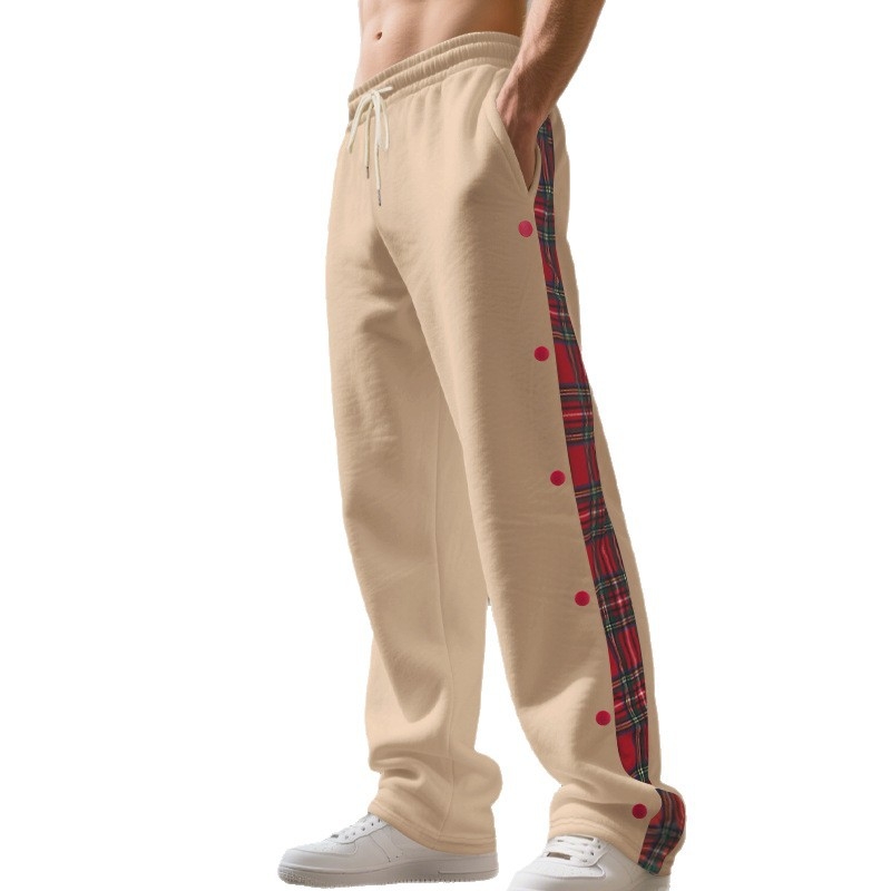 Pantaloni sport casual pentru bărbați – croială dreaptă, talie medie, amestec poliester, model cu grilă, țesătură extensibilă pentru toate anotimpurile.