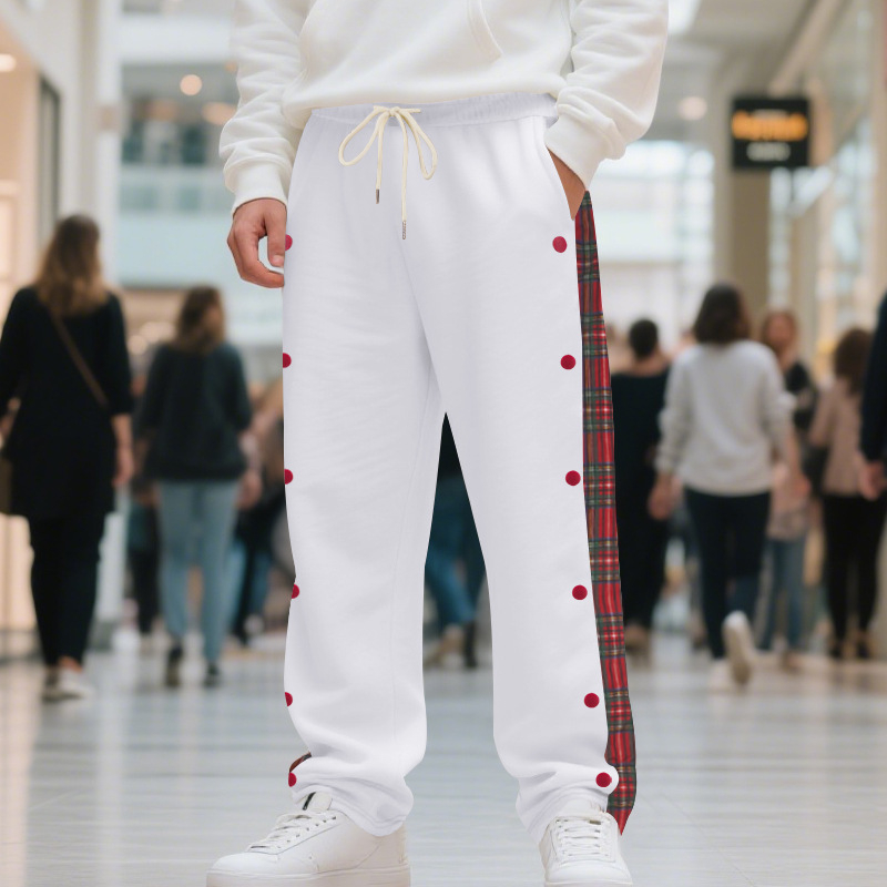 Pantaloni sport casual pentru bărbați – croială dreaptă, talie medie, amestec poliester, model cu grilă, țesătură extensibilă pentru toate anotimpurile.