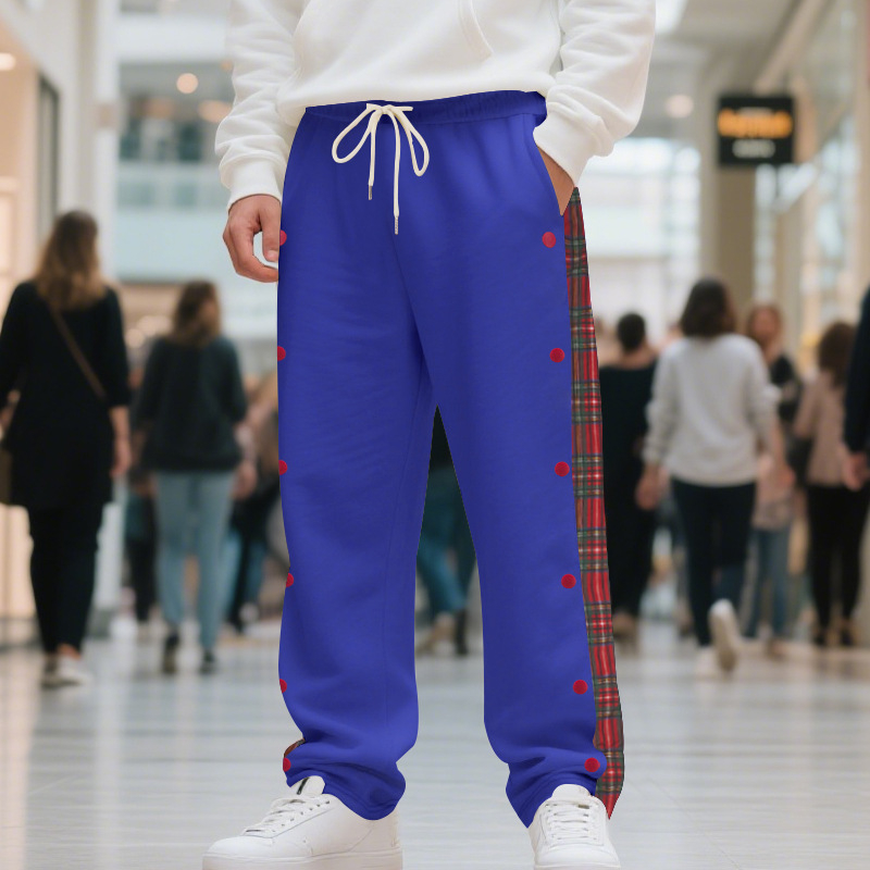 Pantaloni sport casual pentru bărbați – croială dreaptă, talie medie, amestec poliester, model cu grilă, țesătură extensibilă pentru toate anotimpurile.