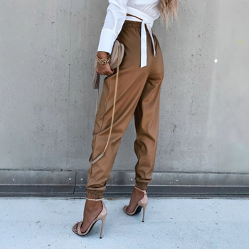 Дамски PU кожени панталони - средна талия, тесен силует, дълги панталони, уличен стил, колажен дизайн